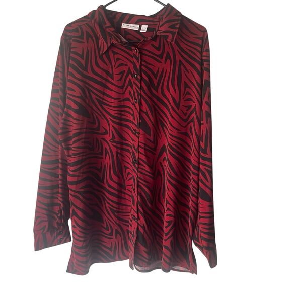 Susan Graver Womens Size Large Red Black Zebra Print Long Sleeve Button Up Shirt - Picture 1 of 7